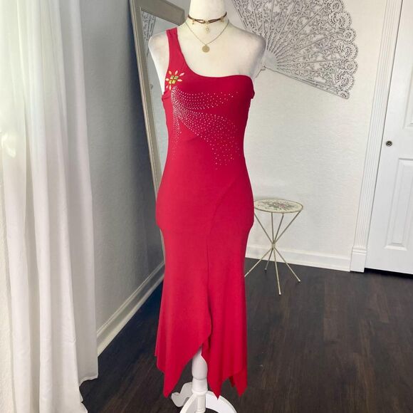 Source Unknown Dresses & Skirts - Vintage Made in USA Red Early 2000's Asymmetric One Shoulder Midi Party Dress S